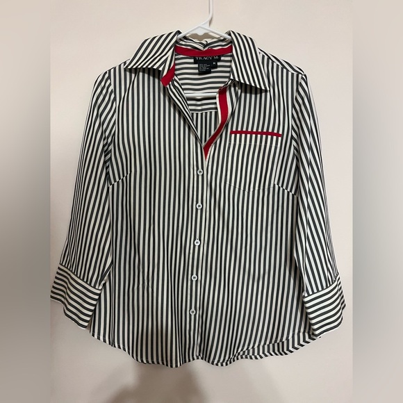 Tracy M Tops - Black and White Striped Button-Up Shirt